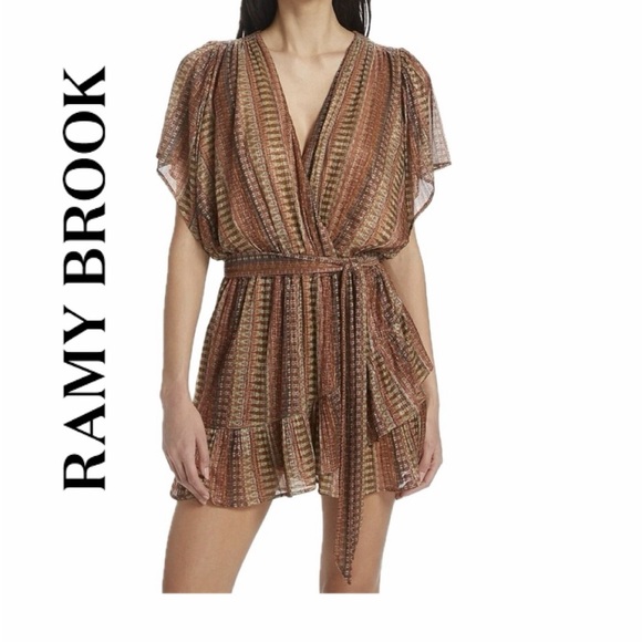 Ramy Brook Dresses & Skirts - Ramy Brook Chelsea Mini Dress Belted  Brown/Green Metallic Ruffle Hem Fairy Core